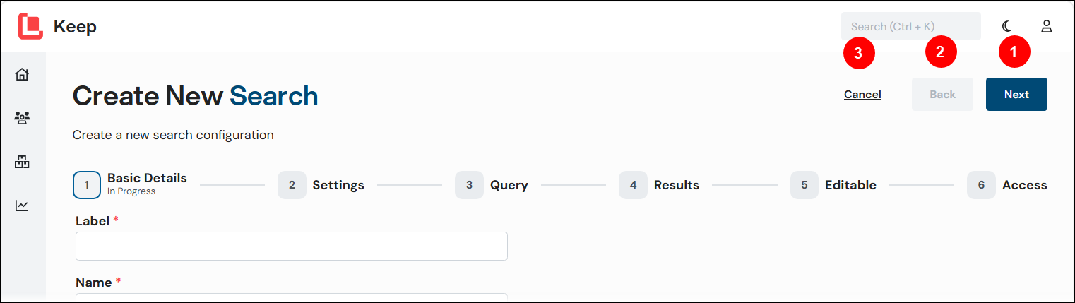 The top area of the Create New Search process including the Next, Back, and Cancel buttons and the progress indicator.